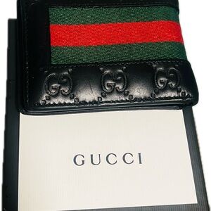 Gucci Black Leather Men’s Wallet with Green and Red Stripe - Still Available!